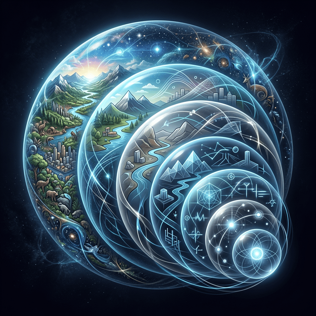 Nested spheres depict nature, cities, technology, and quantum physics