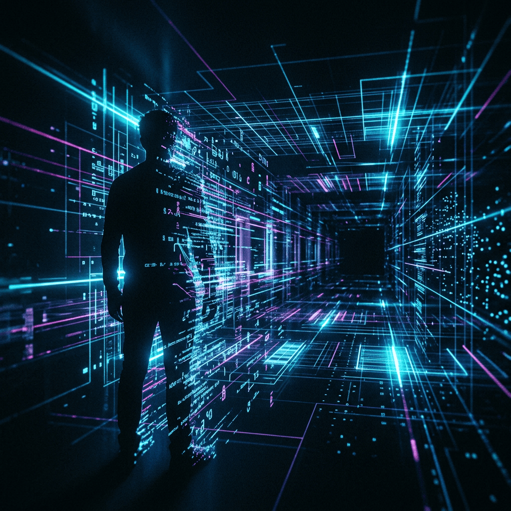 Silhouetted person surrounded by glowing digital code and geometric data lines